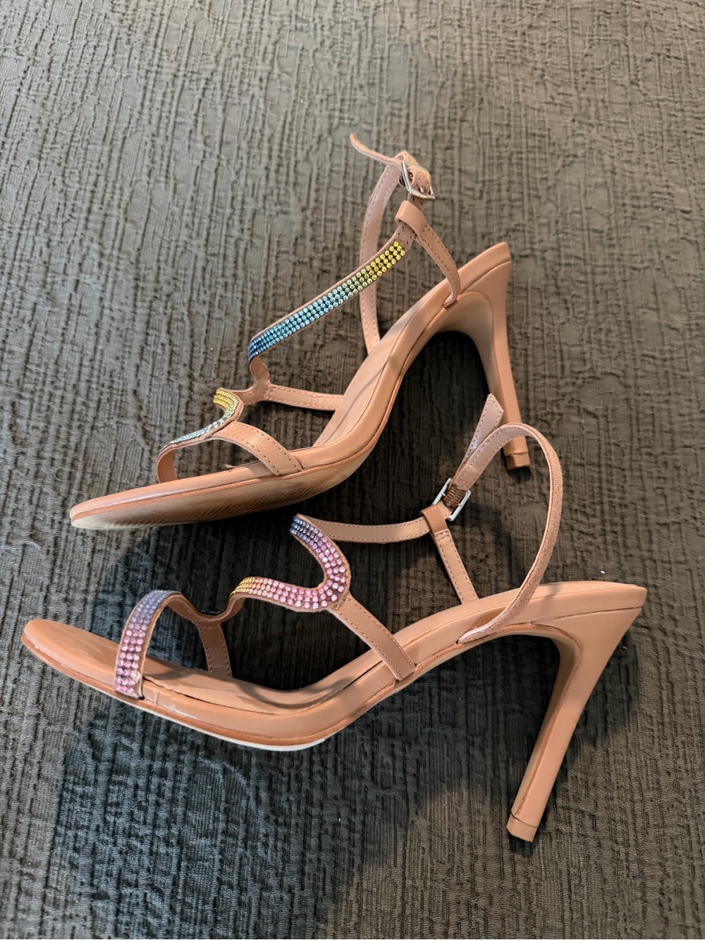 BCBGeneration Blush Tan Nude Strappy Heels with Rainbow Rhinestones